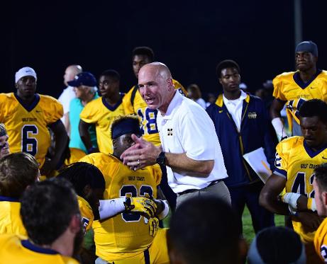 MGCCC head coach Chad Huff speaks to his team after a 42-3 win over Jones Sept. 25.